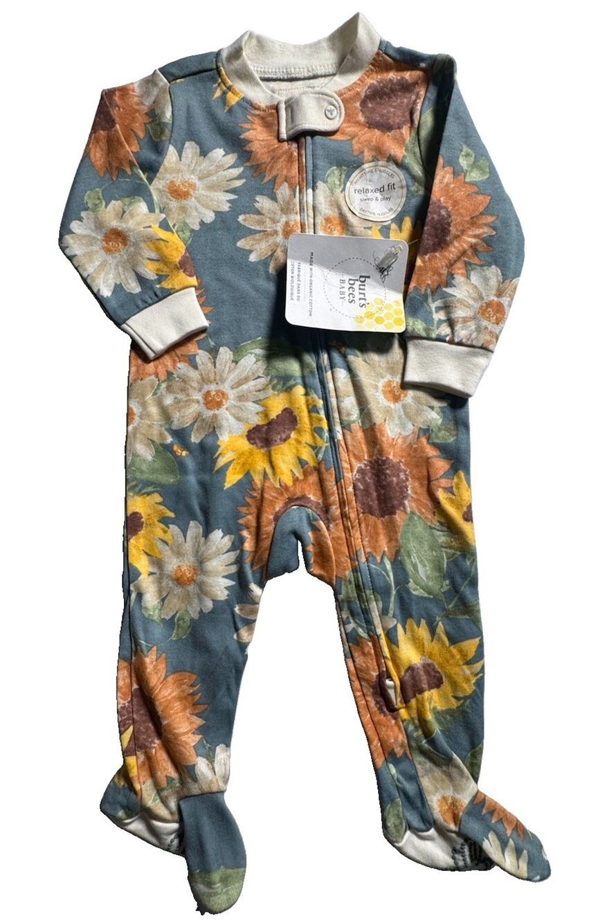 Burt’s Bees Baby 3-6M Organic Cotton Floral Sunflower Footed Pajamas NWT